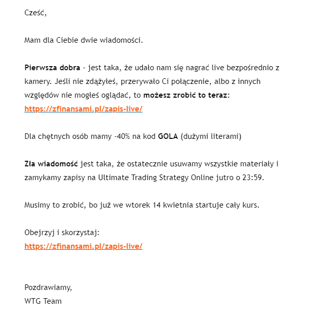 Wiadomość rozesłana przez WTG do uczestników wtorkowego webinaru